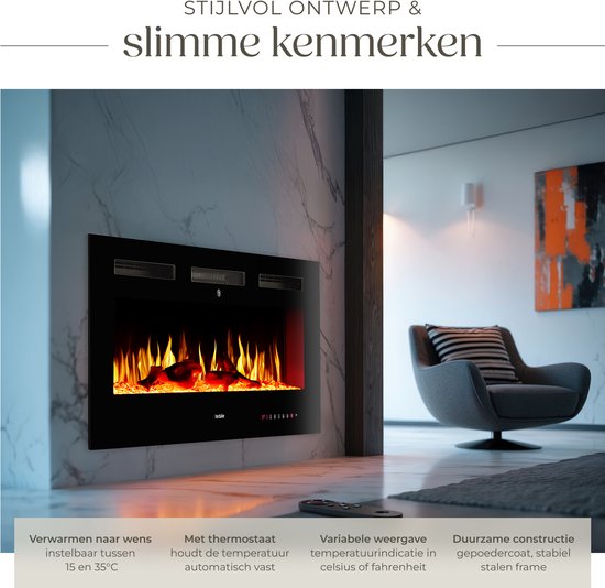 tectake® Wandkamin - Elektrokamin - Atmosphärischer Kamin - 106,5 x 12 x 43 cm - 900W & 1800W - Steuerung per Fernbedienung oder App - mit Thermostat - Ofen - mit Heizung - Kamine - Holz- und Glüheffekte - 3D-Flammen - Timer