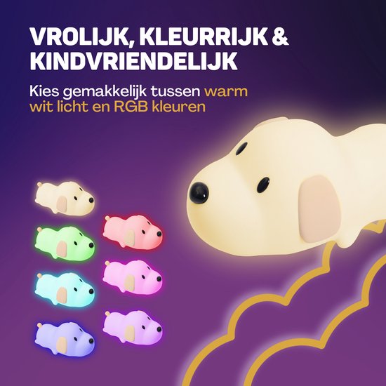 Vulpes Goods® Kinder-Nachtlicht - LED-Licht & 8 Farben - Babyzimmer-Nachtlicht - Welpe - USB wiederaufladbar - Dimmer - Timer - Kabellos - Kinderfreundlich