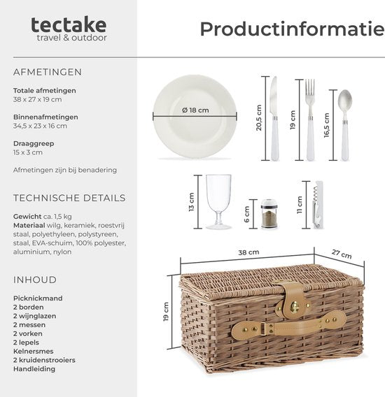 tectake - komplettes Picknickkorb-Set Ameland - Luxuriöses 13-teiliges Picknick-Set für 2 - Picknickkorb aus Weidengeflecht - Inklusive Kühlbox, Set mit Tellern, Kunststoff-Weingläsern und Edelstahl-Besteck