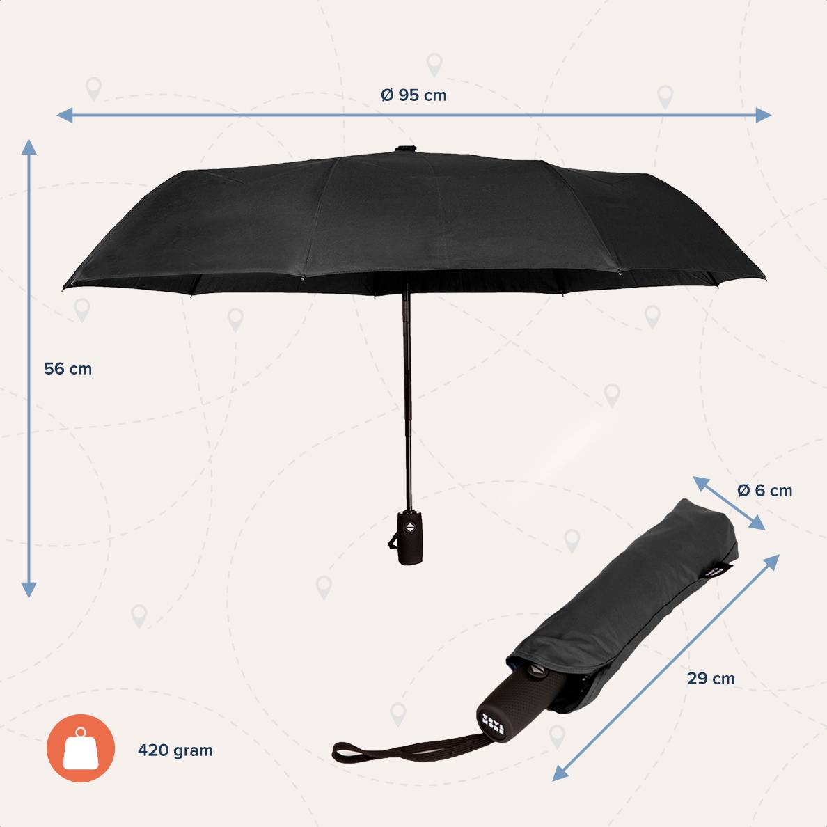 TRVLMORE Automatik-Sturmschirm, Durchmesser 107 cm, schwarz – leicht und windbeständig