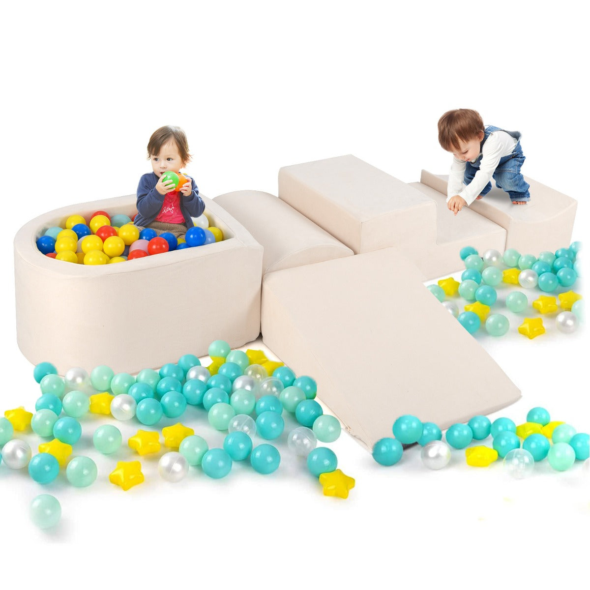 5-tlg. Schaumstoff-Spielklötze mit Bällebad - Weiche XXL-Bausteine für Kleinkinder und Kinder - Beige - zum Spielen, Klettern & Bauen