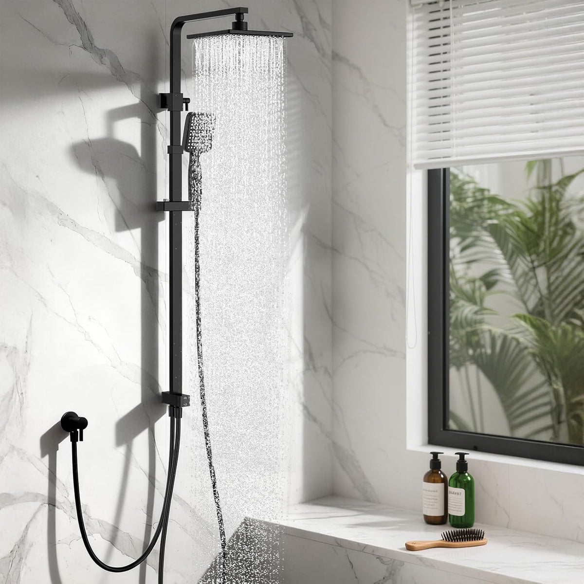 HOMELODY Regenduschen-Set ohne Wasserhahn – 20 x 20 cm Kopfbrause – Handbrause – Verstellbare Duschstange – Schwarz