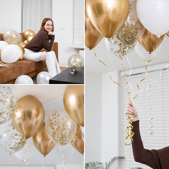 Partizzle 50x Luftballons Weiß und Gold - Helium geeignet - Papierkonfetti - Silvester / Neujahr - Hochzeit, Hochzeit Weihnachten Ballonbogen Dekoration - Latex