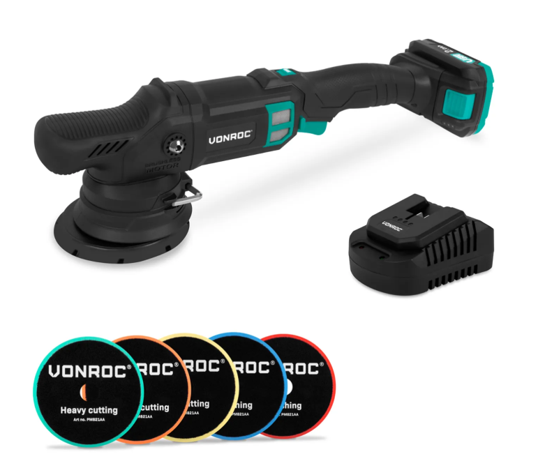 VONROC PRO Exzenterpoliermaschine 20 V – 125 mm – 15 mm Hub – inklusive 2,0-Ah-Akku, Schnellladegerät und 5 Polierscheiben