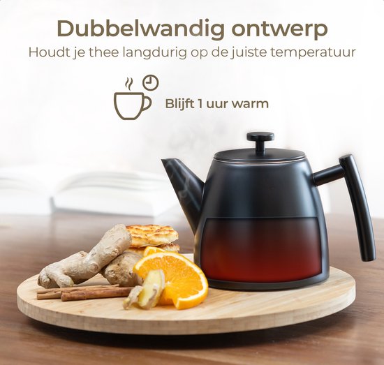 Vaja® Juliette Teekanne mit Filter - Teekanne - Doppelwandig - 1 Liter - Edelstahl Schwarz