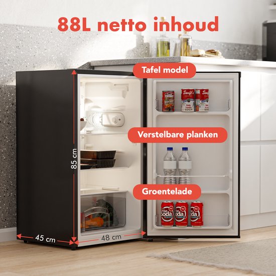 KitchenBrothers Tischkühlschrank - 88L - Freistehend - Schwarz - Kompakter Minikühlschrank mit verstellbaren Ablagen