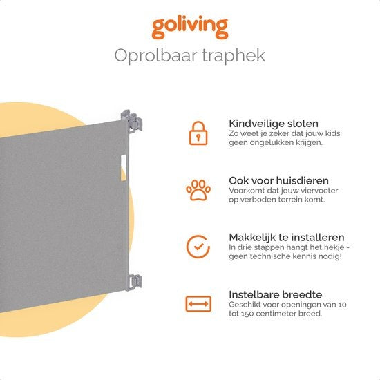 Goliving Roll-up Treppentor - Sicherheitstor - Kindertor - 10 bis 150 cm breit - Aluminiumrahmen - Grau