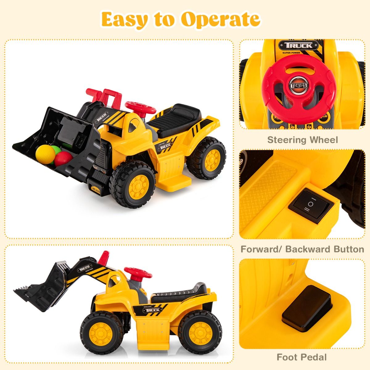 Coast Toy Excavator Electric - Max. 25 kg - 84 x 35 x 43 cm - Gelb