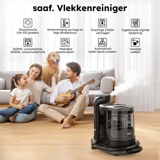 Fleckenreiniger - 7-teiliges Set - Teppichreiniger mit Dampffunktion - Inkl. Fleckenentferner - Dampfreiniger - bis zu 100°C - Schwarz - von Saaf
