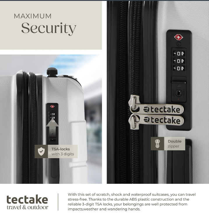 tectake Brice Kofferset, 3-teilig – L, M & S – ABS – 360°-Rollen – TSA-Schloss – Weiß