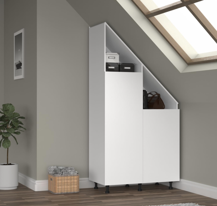 VDD Kleiderschrank für schräge Wand – 182 x 47 x 91 cm – Weiß – Schiebetüren – 2 Einlegeböden – Kleiderstange