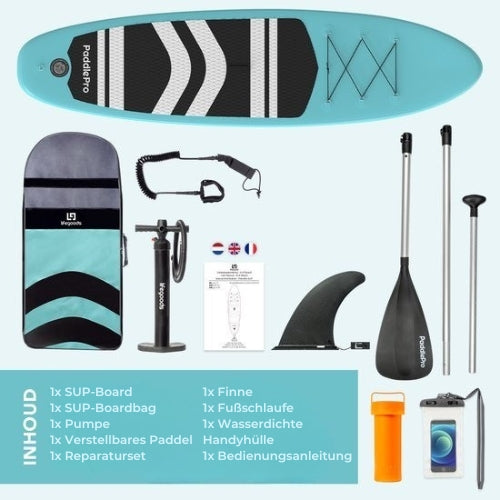LifeGoods SUP Board - Aufblasbares Paddle Board - Komplettset - Max. 135KG - 320x81cm - Mintgrün/Schwarz