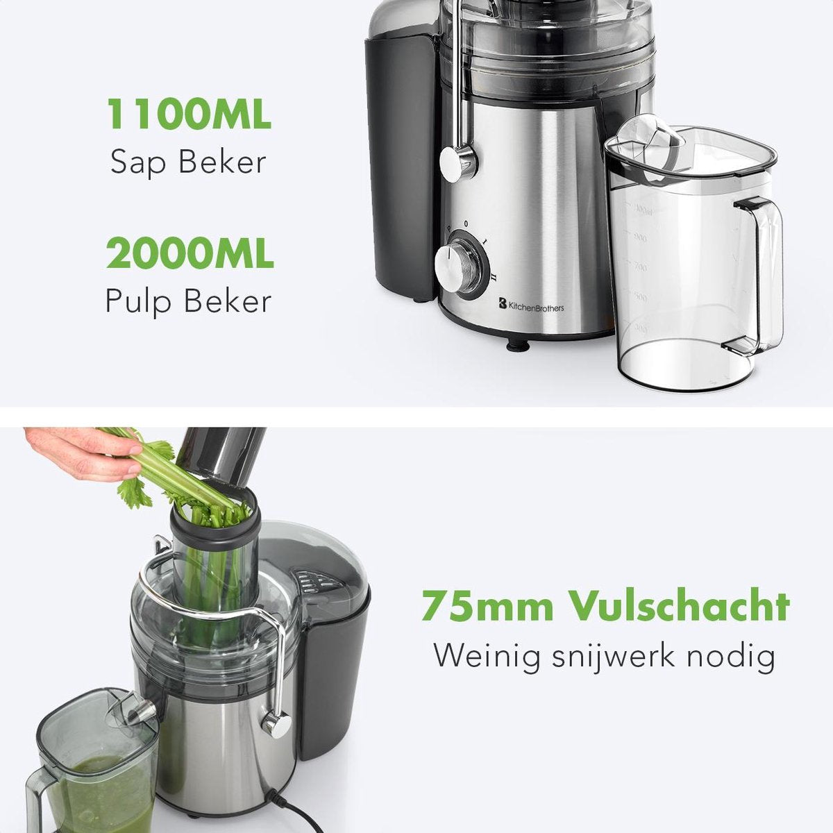 KitchenBrothers Saftpresse - Für Gemüse und Obst - 1100 ml - 800W - Schwarz