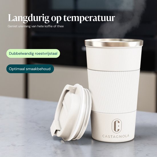 Castagnola Thermosbecher – Kaffeebecher zum Mitnehmen – Reisebecher für Kaffee und Tee – Teebecher – 510 ml – Edelstahl – Offwhite
