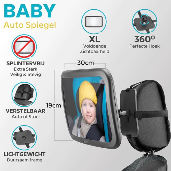 Happy Goods Autospiegel Baby XL - Rückspiegel - 35x19 cm - 360° verstellbar - Babyspiegel Auto - Sicherheitsspiegel - Rücksitzspiegel Baby