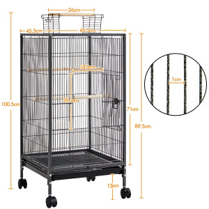 Yaheetech Vogelkäfig mit mobilem Unterbau - ausgestattet mit ausziehbarer Schublade und 4 Kunststoff-Futterstellen und 3 Holzstangen - für kleine Vögel und Sittiche - gehämmertes schwarzes Metall und Massivholz - 45,5 x 45,5 x 100,5 cm