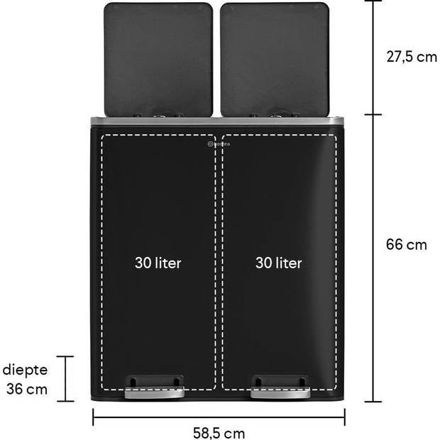 Homra QUICKX Duo - Mülleimer - Mülltrennung - 2 Fächer - Edelstahl - 60 Liter (2x30 L) - Schwarz