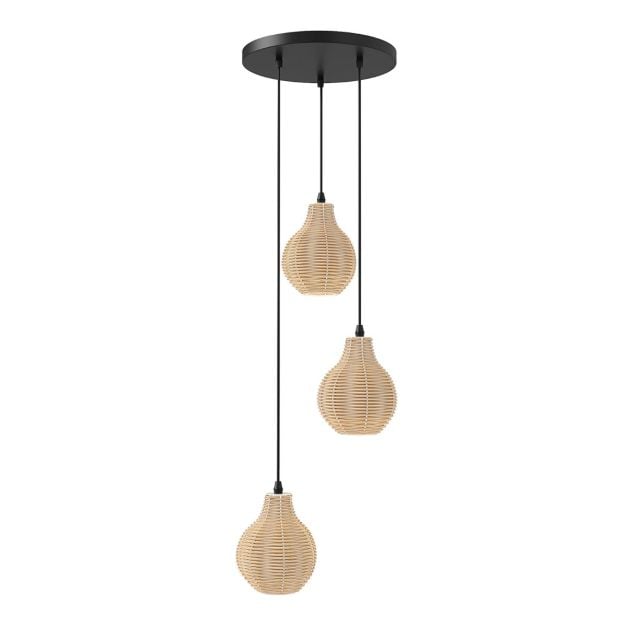Coast 3-flammige Rattan-Hängeleuchte – Verstellbar 24–102 cm – Ø 30 cm – Schwarz und Beige