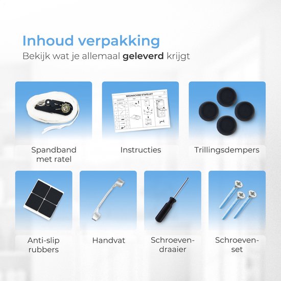Skoov Abstandshalter für Waschmaschine & Trockner - Stapelset - Mit ausziehbarem Fachboden - Universal - Trockner - Möbel - inkl. Schwingungsdämpfer und Spannband
