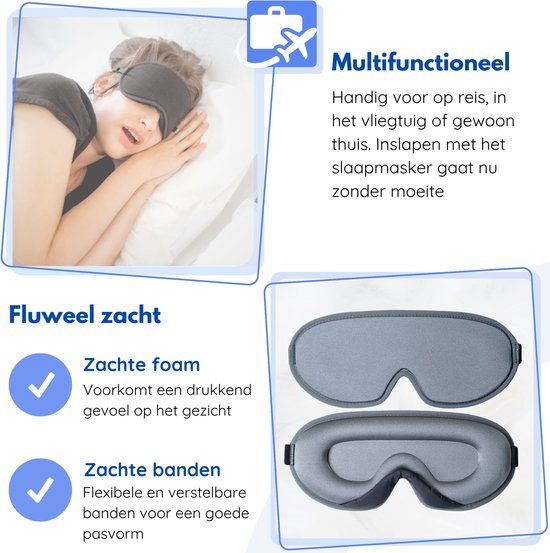 Hilvard - Schlafmaske - Augenmaske - Inklusive Schlaf-Ohrstöpsel - 100% Verdunkelung - Verstellbar - Ergonomisch - Grau
