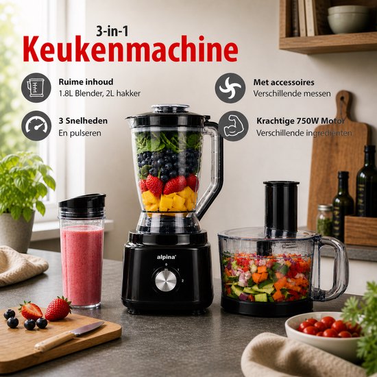 Alpina 3-in-1-Küchenmaschine, Mixer und Smoothie-Maker – Multifunktionale Küchenmaschine – Gemüseschneider – Zerkleinerer – 2 l – BPA-frei – spülmaschinenfest – FP413GS – Schwarz
