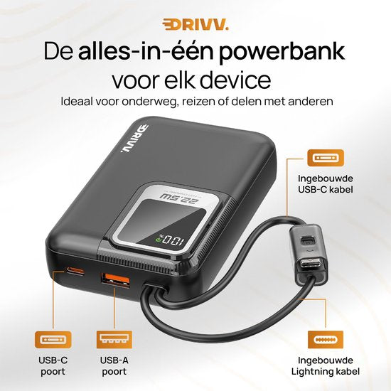 Drivv. Powerbank 20.000 mAh – Mit integriertem 8-Pin- und USB-C-Kabel – Inklusive 60-W-Ladekabel – 22,5-W-Schnellladefunktion – USB / USB-C – Notfallpaket