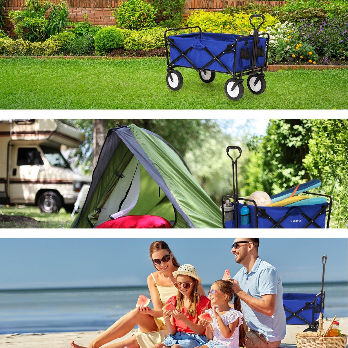 LifeGoods Bollerwagen - faltbar - drehbare Räder - 2 Ständer - 70kg Tragfähigkeit - Blau