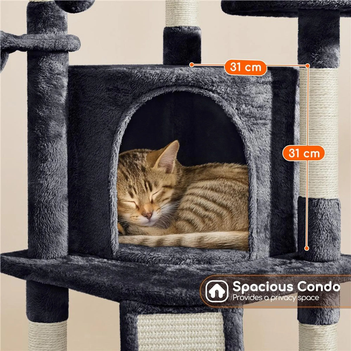Yaheetech Katzenpfosten mit 5 Sisalstangen - Ausgestattet mit gepolsterter Aussichtsplattform und Hängematte und Katzenhöhle - Für 2 bis 3 kleine und mittlere Katzen - Dunkelgrauer Plüsch und Metall - 43,5 x 43,5 x 106 cm