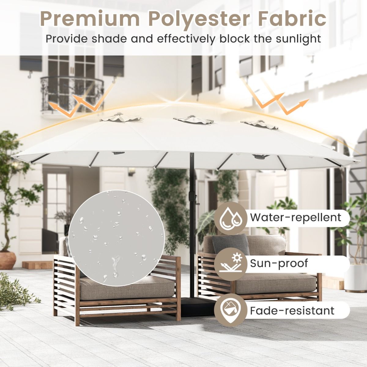 Coast Doppel-Terrassenschirm – stabiler Metallfuß – 12 Streben – beige