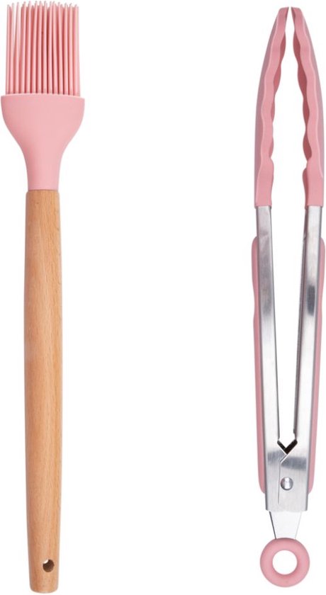 alpina Küchenutensilien-Set mit Halter – 12-teilig – Silikon-Utensilien mit Holzgriff – Rosa