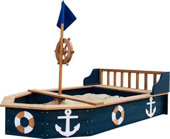 AXI Doris Boot Sandkasten mit Aufbewahrungsbank Anthrazit/Braun – Flagge und Holzsteuerrad – Inklusive Abdeckplane und Bodenplane – 10 Jahre Garantie!