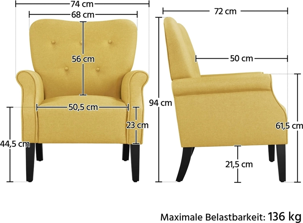 Yaheetech Lounge-Sessel mit Holzbeinen – 74 x 72 x 94 cm – Gelb