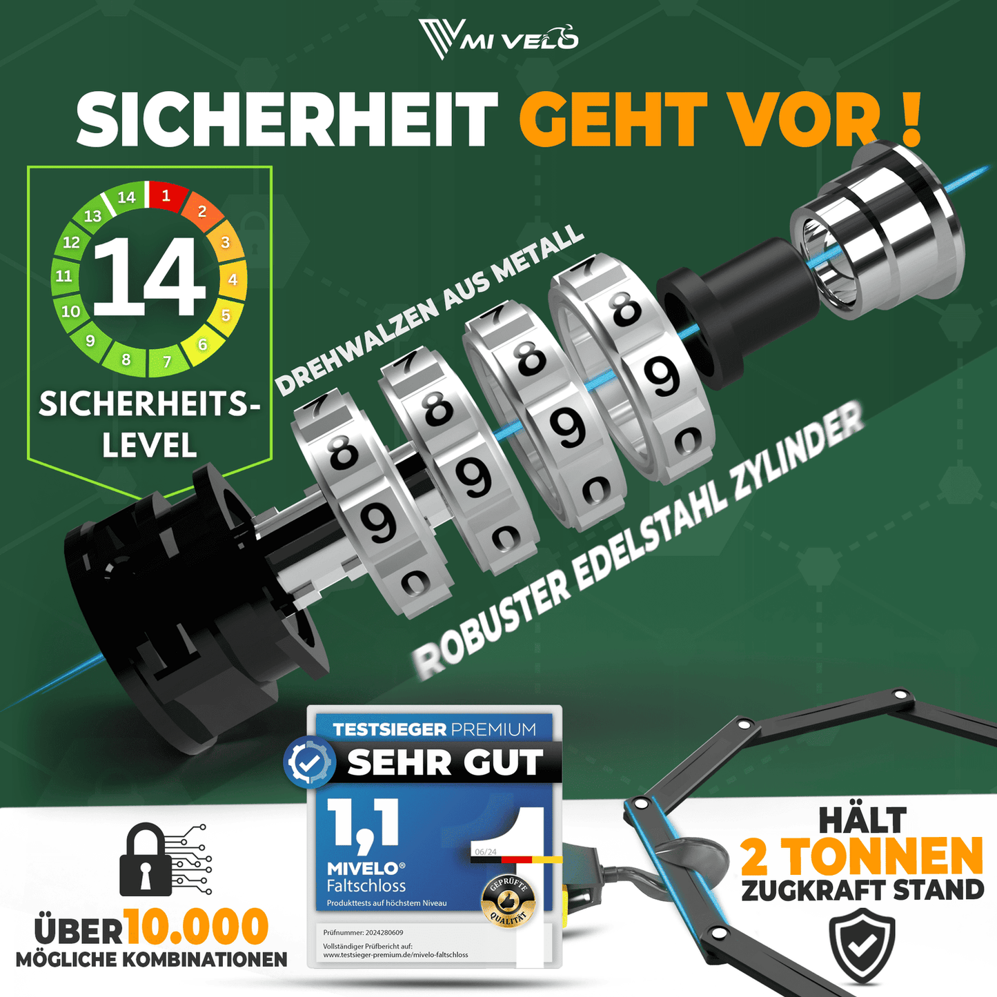 MIVELO Fahrradschloss NEXUS - Mit Zahlenschloss - Extrem robuster Edelstahl - 90 cm - Schwarz