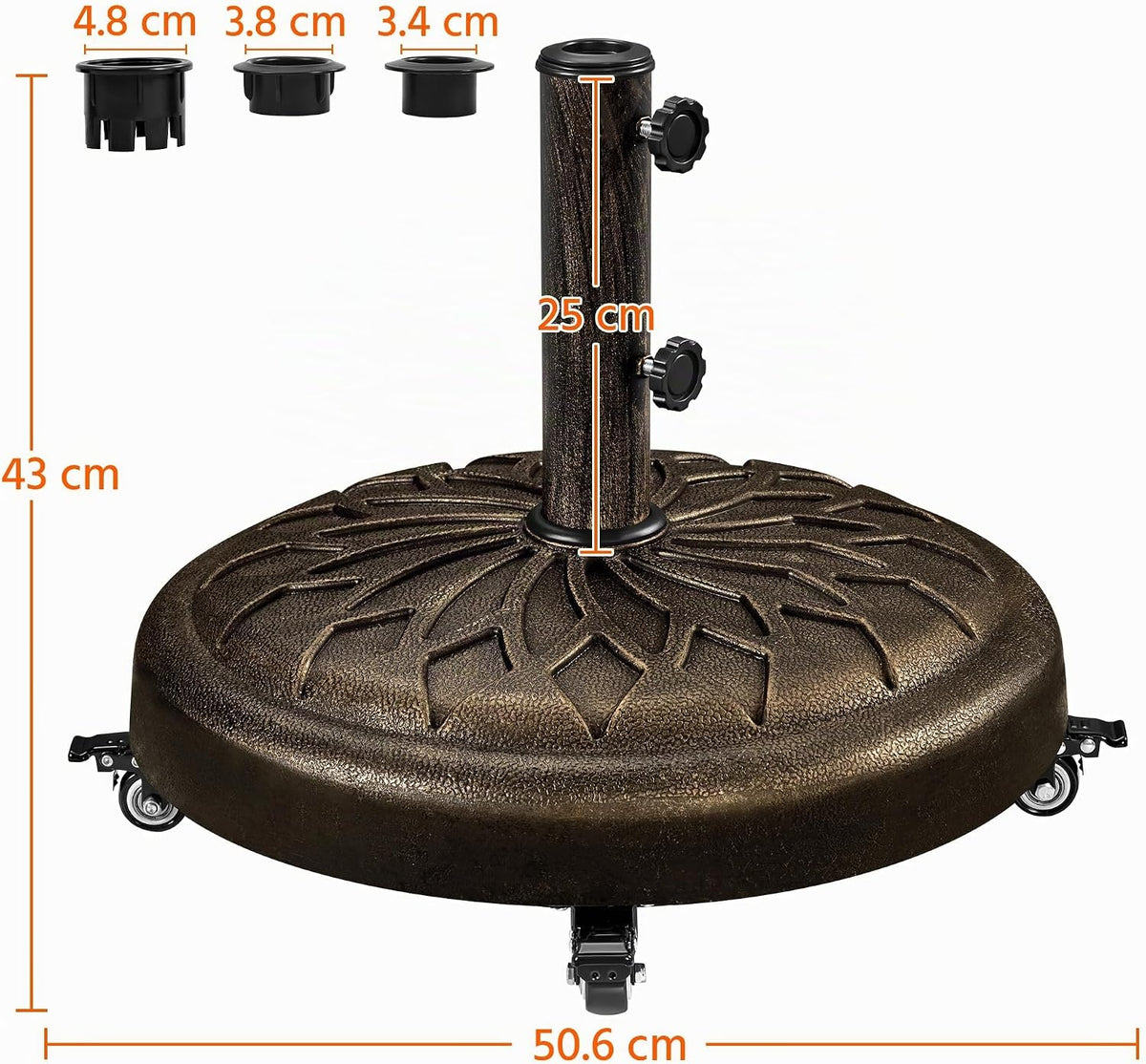 Yaheetech Sonnenschirmständer mit Rollen 50,5 x 42 cm – Bronze – Geeignet für Sonnenschirmstangen mit einem Durchmesser von 34/38/48 mm