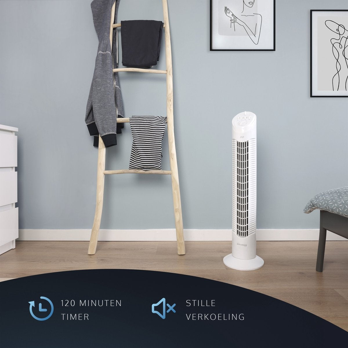 JAP Quebec - Turmventilator - Schwenkender Säulenventilator - Standventilator - Tischventilator - Mit Timer - Weiß