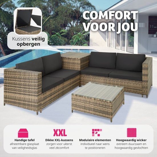Tectake - Wicker Lounge Set Siena (4 Personen) - Modular, Aufbewahrungsbox, extra dicke Kissen, UV- und wetterbeständig, Stahlrahmen - Natur/Dunkelgrau