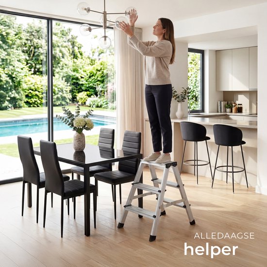 tectake® Doppelseitige Aluminium-Küchenleiter – 3 Sprossen – 58 cm – Stabile Leiter – Zusammenklappbare Trittleiter – Rutschfeste Haushaltsleiter