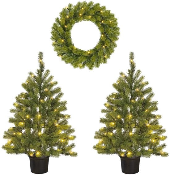 Black Box Trees Nagoya Weihnachtsbaum- und Weihnachtskranz-Set – 2 künstliche Weihnachtsbäume und 1 Kranz mit LED-Beleuchtung – H 90 x Ø 45 cm – Grün