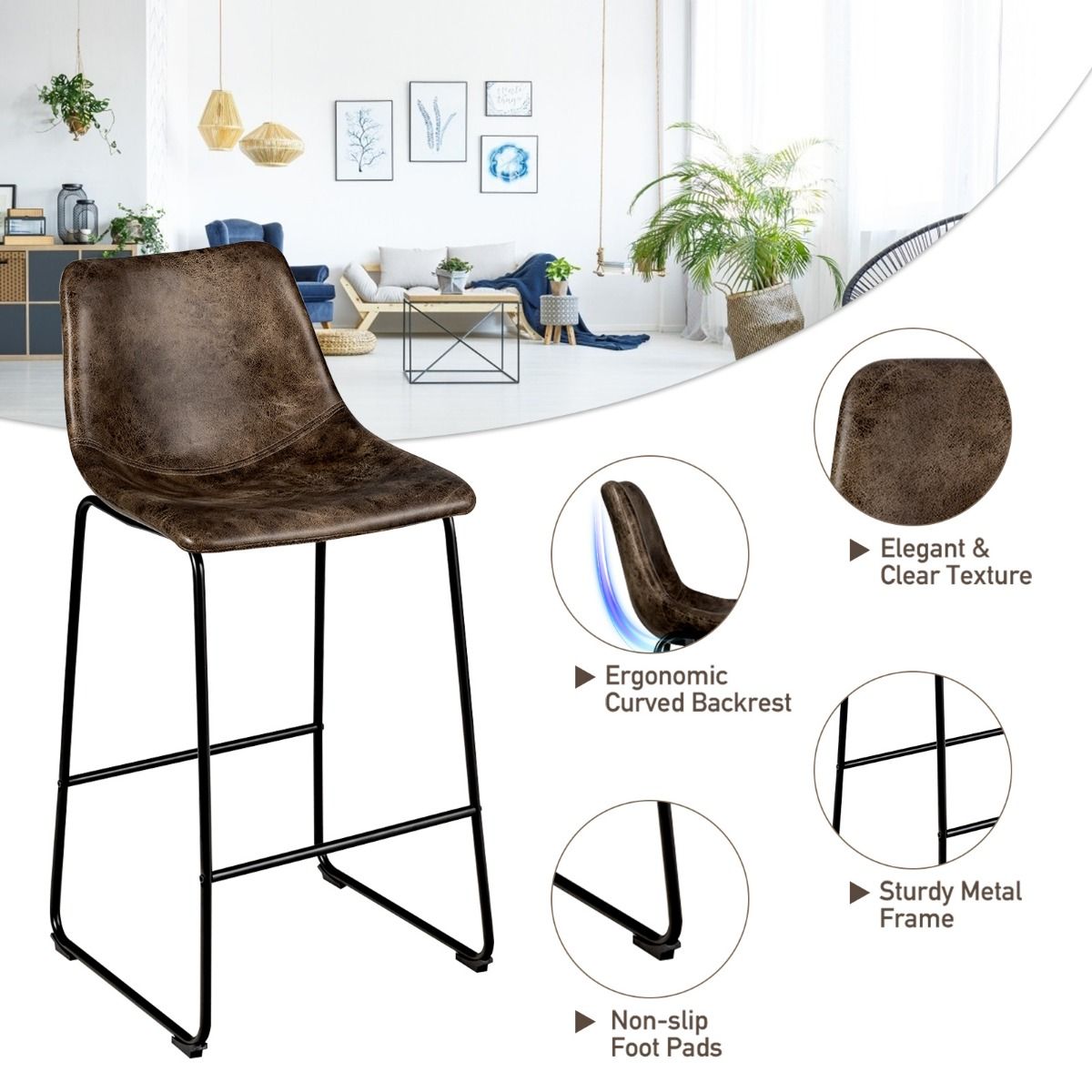 Coast 2er Set Barhocker - Barhocker aus Holz mit Rückenlehne und Metallbeinen - Sitzhöhe 75 cm - Braun - 49x47x102 cm