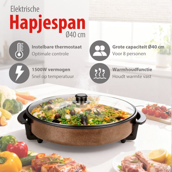 Alpina Pfanne – Party-Pfanne mit Deckel und Thermostat – Antihaftbeschichtung zum Braten und Warmhalten – 1500 W elektrische Pfanne mit Glasdeckel – Cool-Touch-Griffe – Ø 40 cm