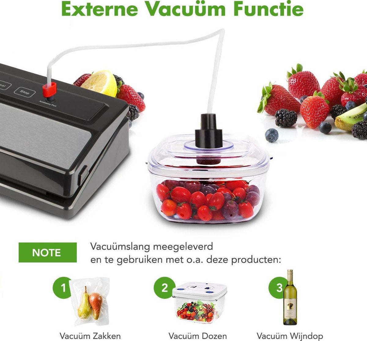 KitchenBrothers Vakuumierer - 4 Einstellungen - Inkl. Folienrolle, Vakuumbeutel und Vakuumschlauch