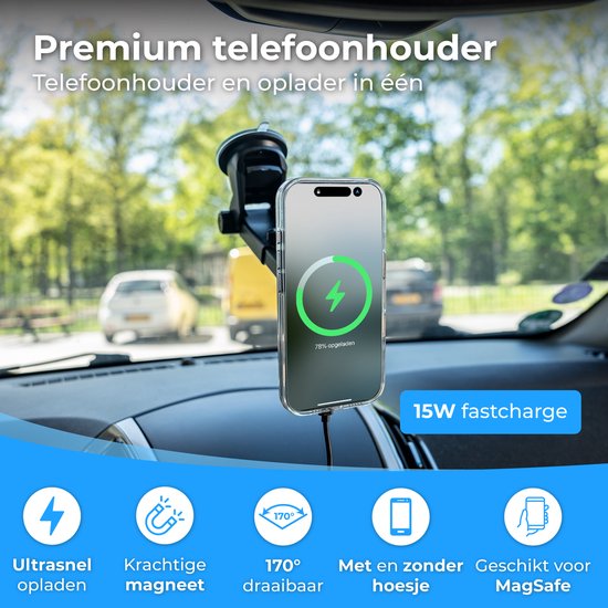Nuvance Handyhalter für das Auto – Handyhalter mit Saugnapf – Kompatibel mit MagSafe – Inkl. USB-C-Kabel – Kabelloses Ladegerät – Handyhalter für das Auto