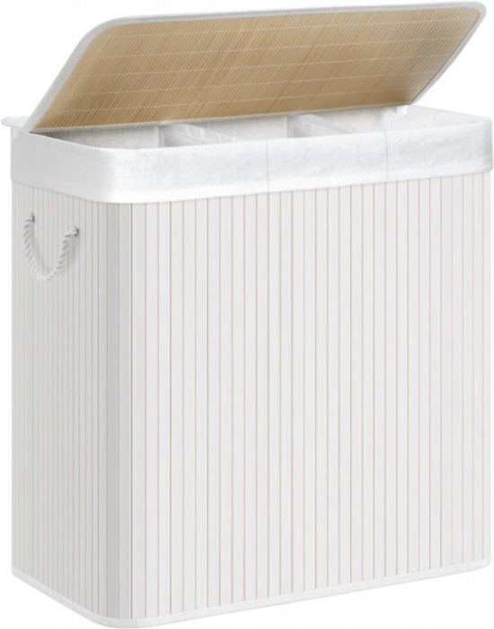 SONGMICS – Wäschekorb 150 Liter – 3 Sortierfächer – 60 x 40 x 61,5 – Bambus mit Stoffbezug – weiß LCB091W01