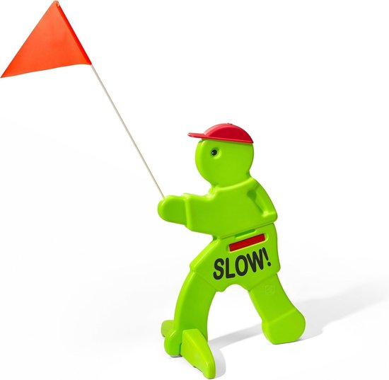 Victor Veilig mit roter Warnflagge – Verkehrspate / Verkehrspuppe in fluoreszierendem Grün – Achtung, spielende Kinder! Warnschild „Kid Alert“