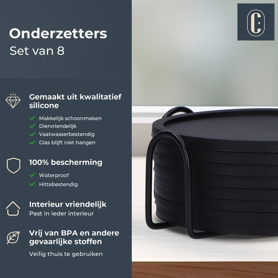 Castagnola Silikon-Untersetzer - Untersetzer für Gläser - Design-Untersetzer mit Halter - Untersetzer-Set - Anti-Rutsch - 8er-Set - Schwarz