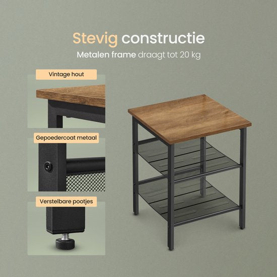 O'DADDY® - Beistelltisch quadratisch - Kleiner Bank-Tisch - Verstellbare Rasterablagen - 40x40x55 cm - Vintage Braun/Schwarz