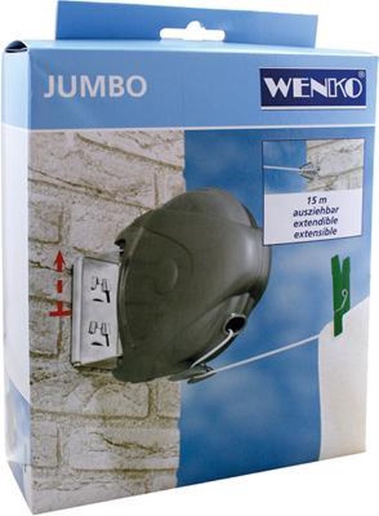 WENKO Wäscheleine Jumbo 15 Meter – Wäscheleine – Ausziehbare Wäscheleine auf Rolle – Wäscheleine mit automatischer Aufrollfunktion