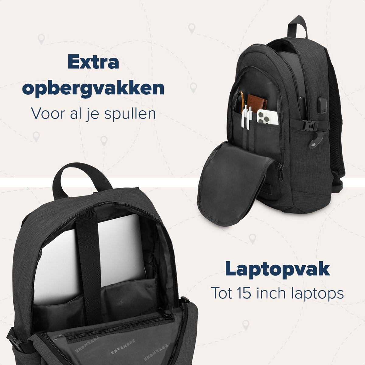 TRVLMORE Rucksack - 25L - 15.6 Zoll - Laptop-Rucksack - Schultasche - Unisex - Spritzwassergeschützt Anthrazit