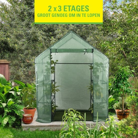 Kinzo Gartengewächshaus - Kunststoffgewächshaus - Gartengewächshaus mit 3 Etagen - Metallrahmen - wasserdichte Abdeckung - 143 x 73 x 195 CM - Grün