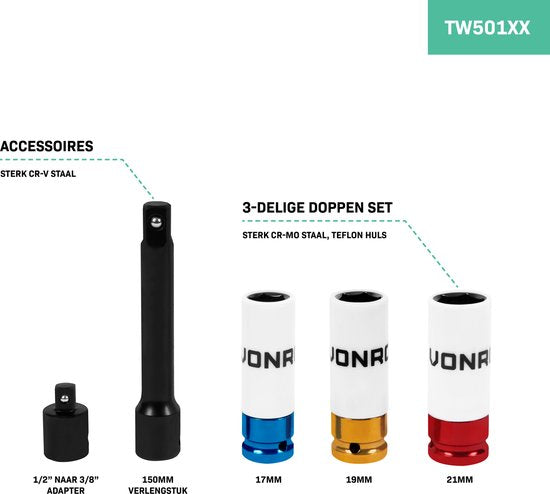 VONROC Drehmomentschlüssel Â½" - 470mm - 28-210Nm - Inkl. 3-teiligem Steckschlüsselsatz, Verlängerungsstück und Reduzierstück/Adapter
